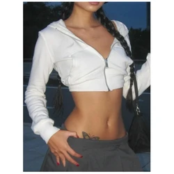 Casual sexy street preppy style spring and autumn zipper cardigan hooded high waist long sleeve crop tops