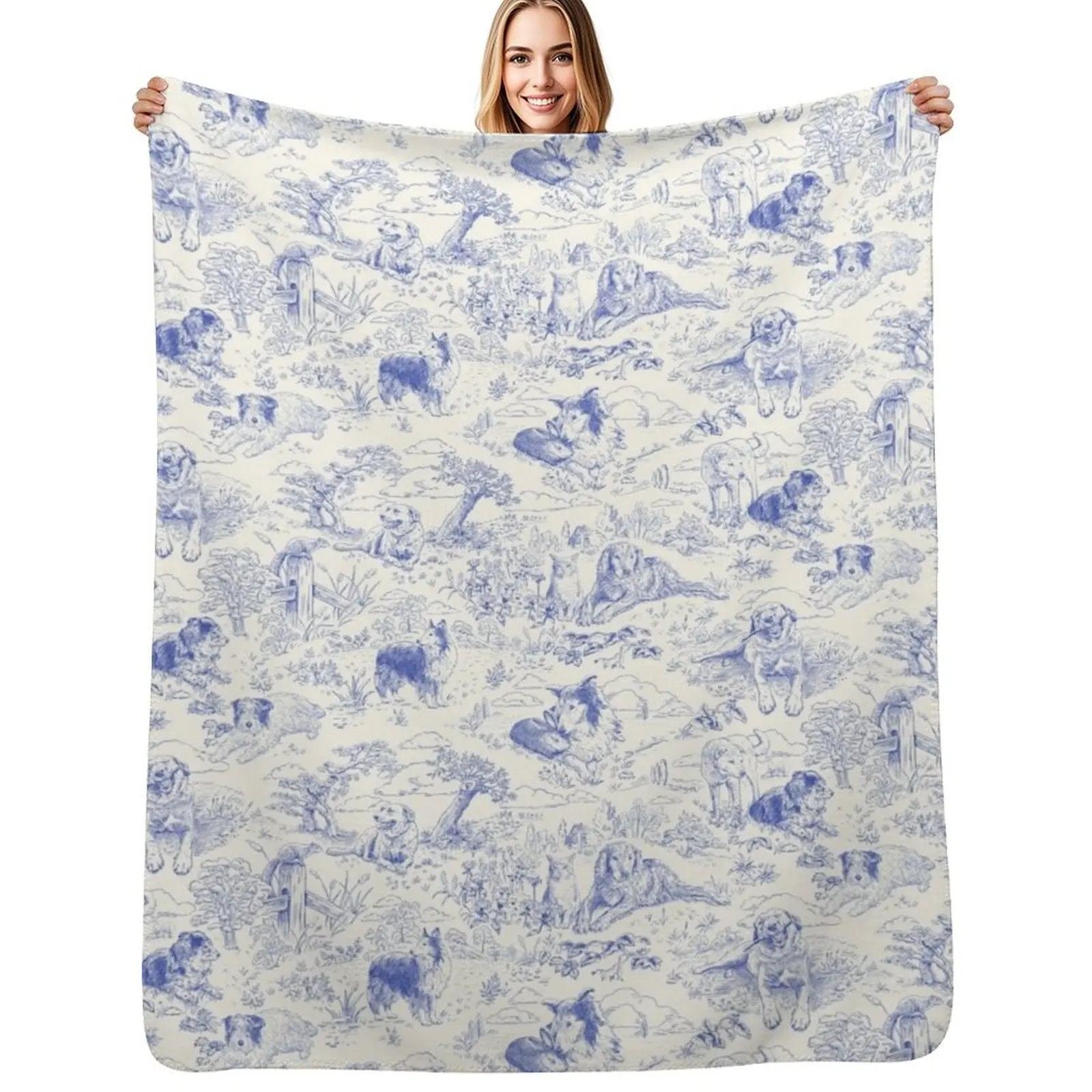 Country Dogs Toile with Collie, Aussie and Jack Russell Terrier in Blue and White Throw Blanket Soft Plush Plaid Furry Blankets