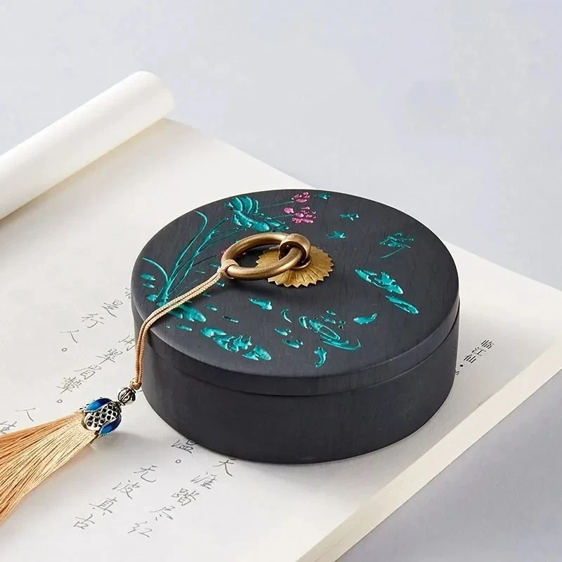 Natural Raw Stone Ink Stone with Lid Anhui She Inkstone Grinding Inkslab for Writing Painting Practice Calligraphy Art Supplies