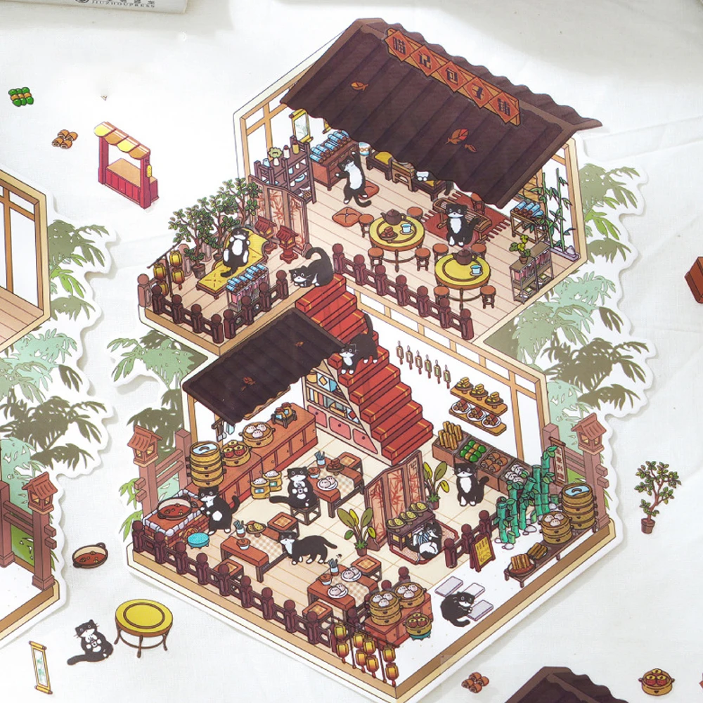 Super Big Size Chinese Ancient style Panda Inn Chinatown 3d Landscape Stickers Cabin Scene Sticker Festival Gift for Kid Child