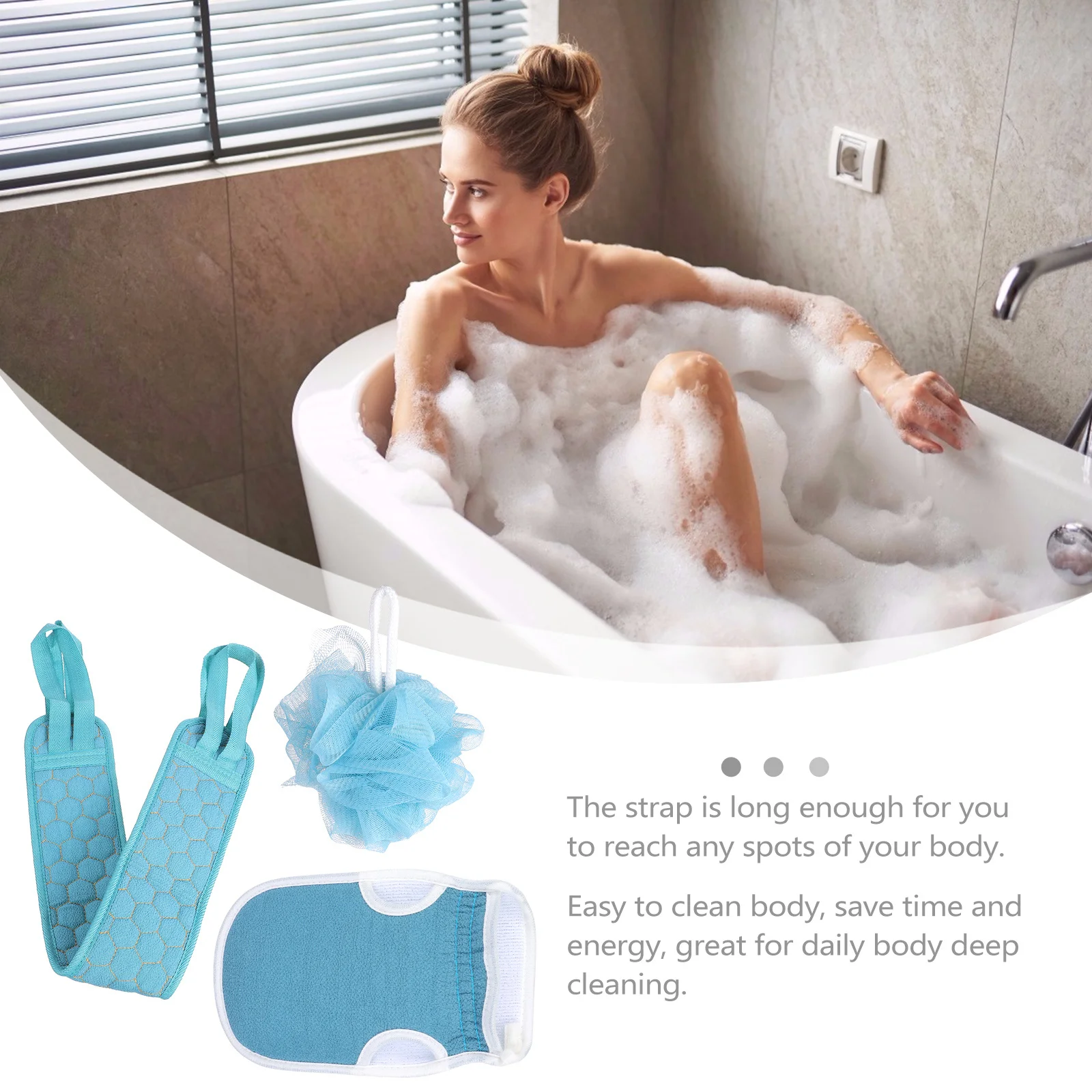 طقم مناشف حمام مقشر مكون من 3 قطع، منظف خلفي سميك مع تصميم ممتد لتنظيف الجسم بالكامل وتدليك أكتاف الرقبة