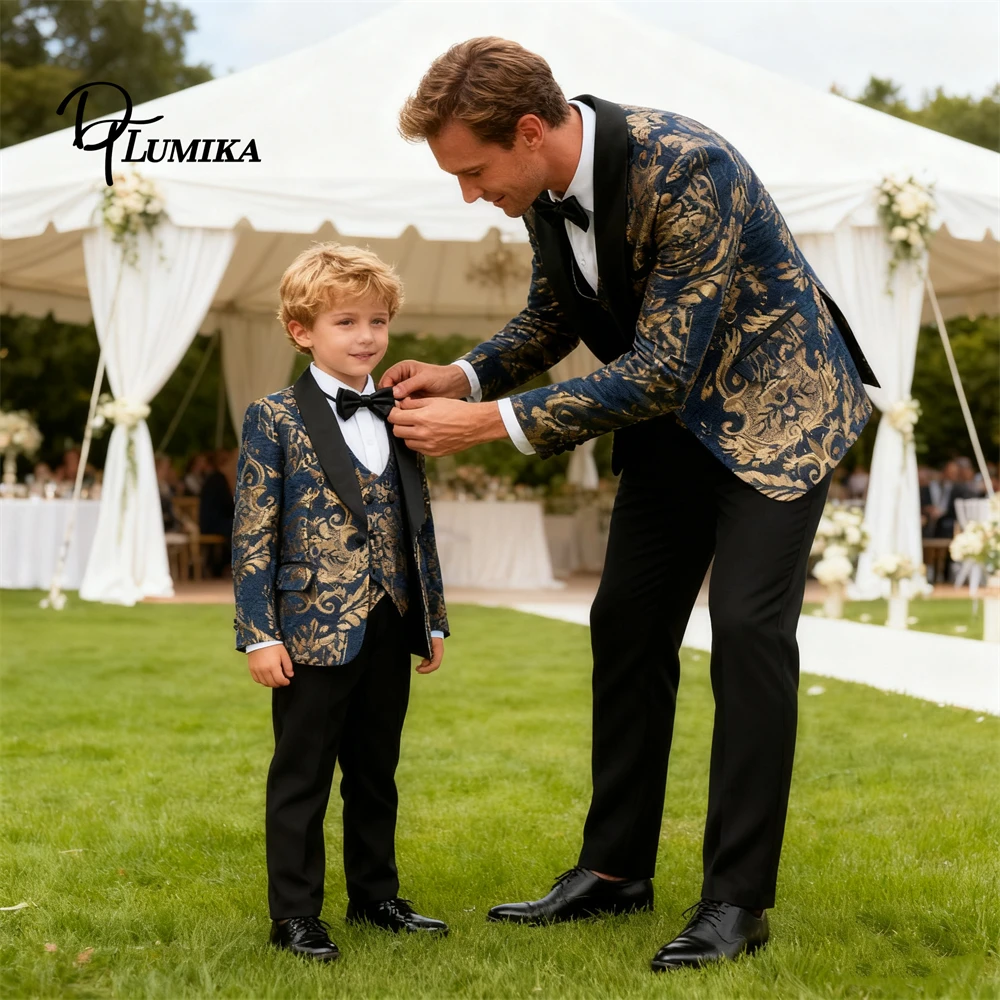 

Father & Son Formal Suit Set, 4-Pieces Jacket Pants Vest Bowtie Wedding Guest Suits Paisley Slim FIt Actual Tuxedo