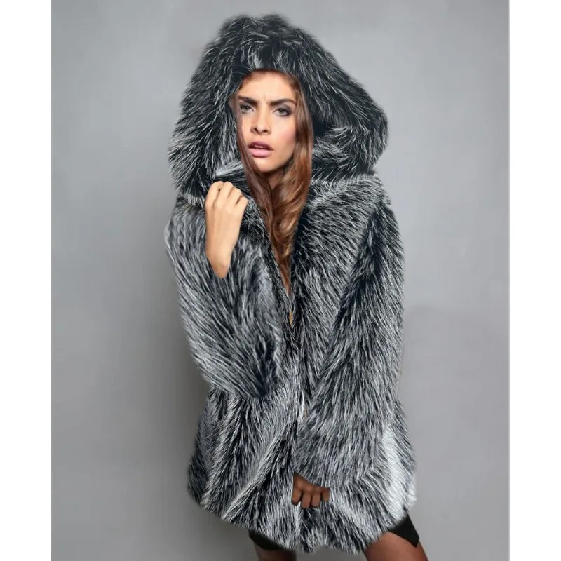 Luxury Brand Fur Coats Women Winter Hooded Long Faux Fur Jacket Thickened Long Sleeve Warm Streetwear Fox Fur Chic Coat