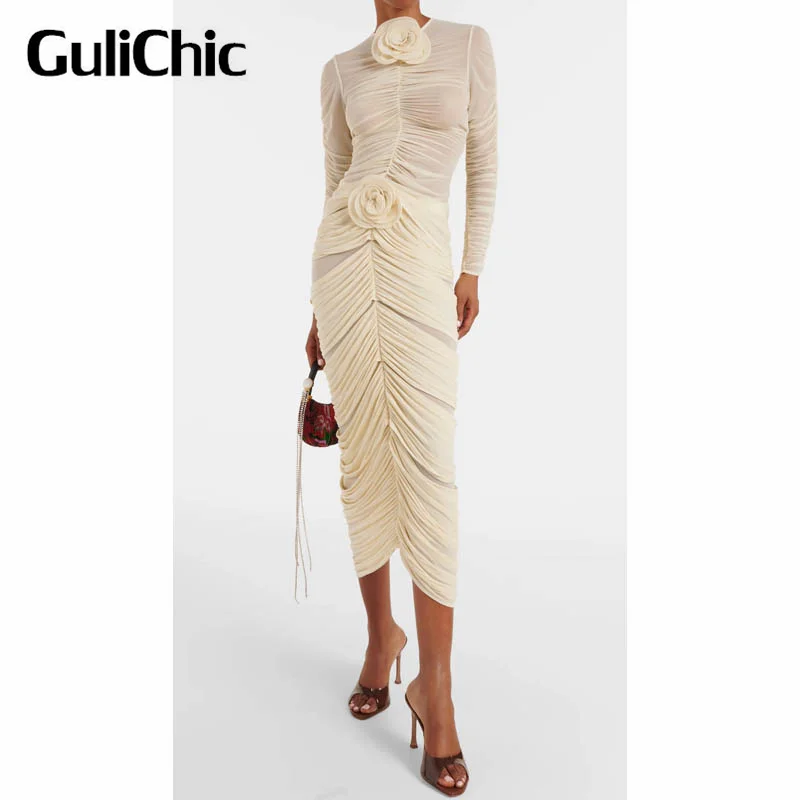 9.29 GuliChic Hot Girl Fashion Round Neck 3D Flower Slim Folds Blouse Or Draped Sexy Back Hook Buckle Stretch Skirt Set Women