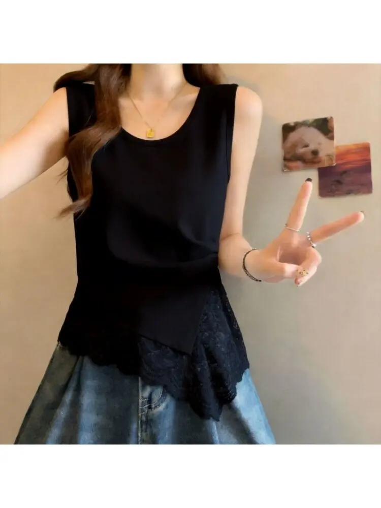 Lace Crop Top Women's Summer Sleeveless Cotton 95% Elastic Fiber Inner Wear Outer Wear Base Shirt plus Size Fashionable