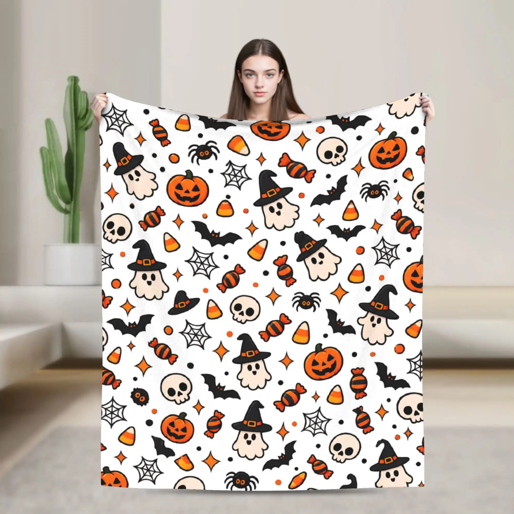 Halloween Ghost Pumpkin Spooky Trick Or Treat Witch Blanket Multiple Sizes Soft Fuzzy Plush Throw Blanket for Sofa Couch and Bed
