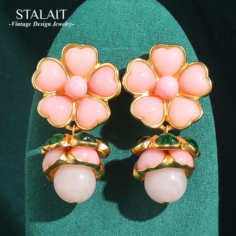 

Vintage Flower Earrings Drop Pink Rose Quartz Natural Stone High Quality Luxury Quality Jewelry Accessories Women Wedding 2025