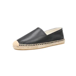 Casual Espadrilles Flat Cow Leather Shoe for Women Slip-on Rubber Ballet Flats