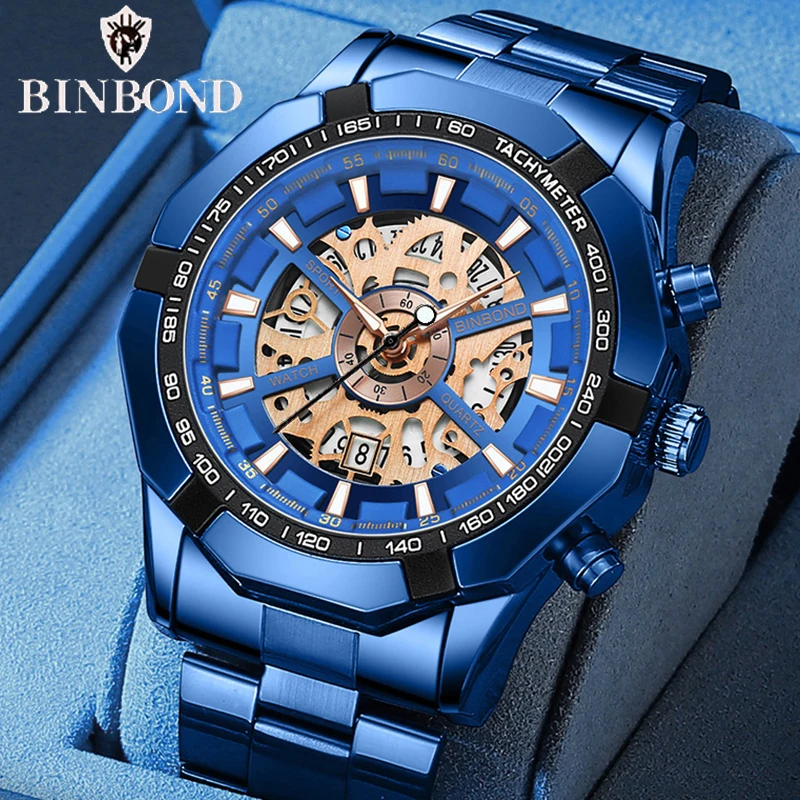 BINBOND Mens Quartz Watches Top Brand Luxury Stainless Steel Waterproof Hollow Out Blue Big Male Wristwatches Relogio Masculino