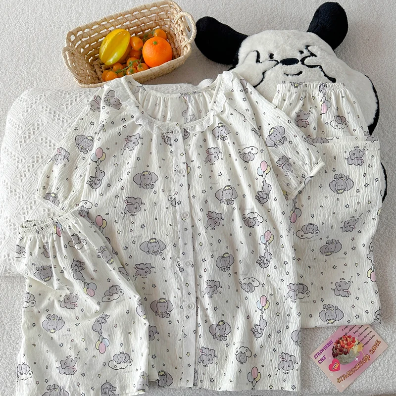 

Summer New Cartoon Elephants Print Women's Pajamas Short Sleeve Set 3Pcs Crew Neck Sleepwear Button Women's Pajamas Nightwear