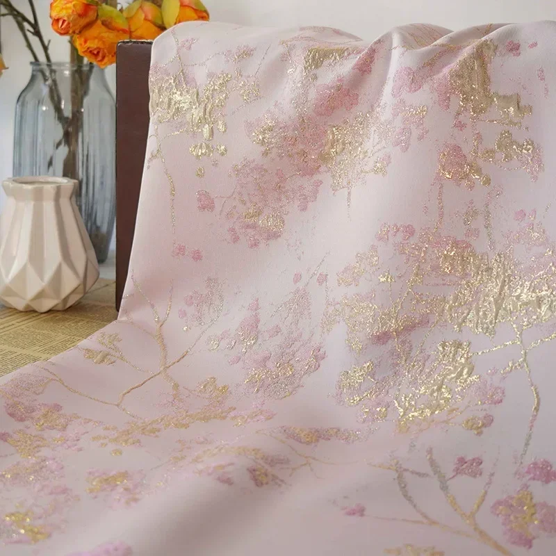 Embossed Jacquard Fabric Bronzing Pink Rose Design Sewing Material Cheongsam Dress Garment Fabric Wide 145cm Sold By Meter