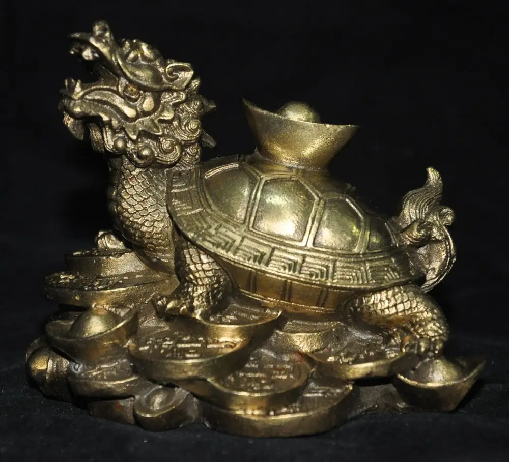 China brass Feng Shui Lucky animal turtle Bullions Ingot yuanbao coin statue