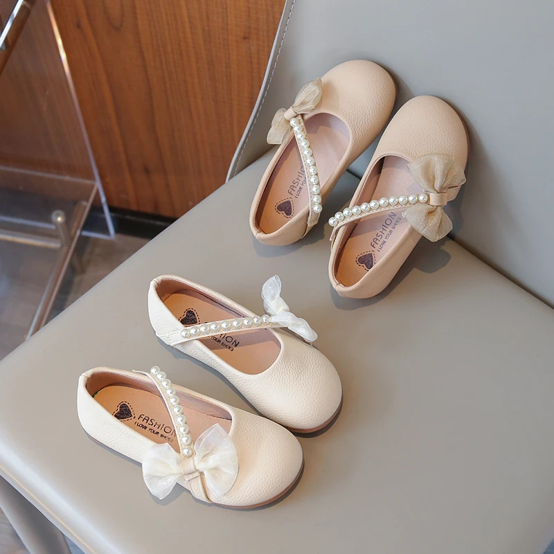 Girls Princess Leather Shoes with Bow-knot Children Lace Beading Flats Shoes Slip-on Kids Mary Janes Shoes for Party Wedding