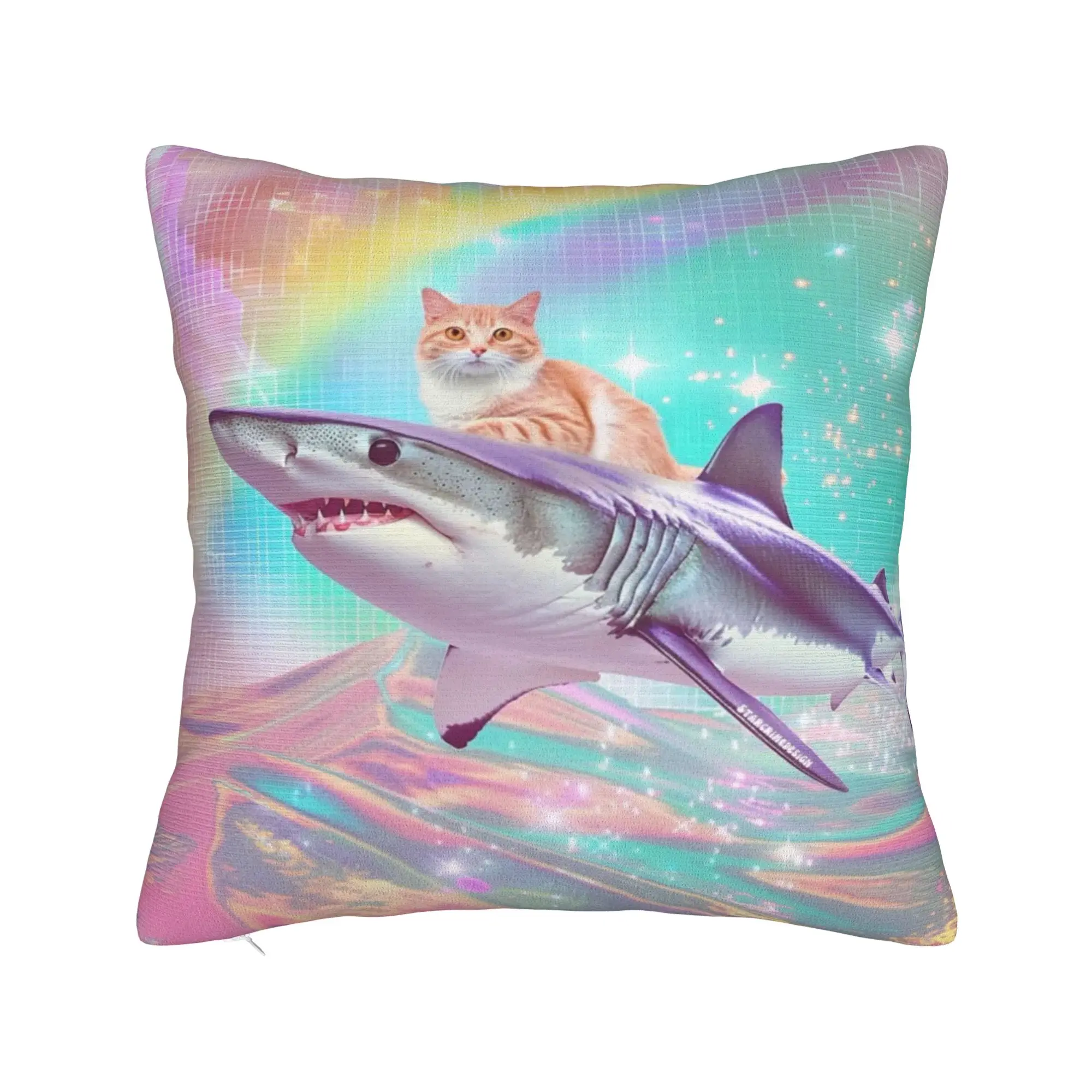 Cat Riding A Shark Frutiger Aero Square Pillow Cases  Cushion Covers Awesome Zippered Decor Pillowcase for Sofa 18