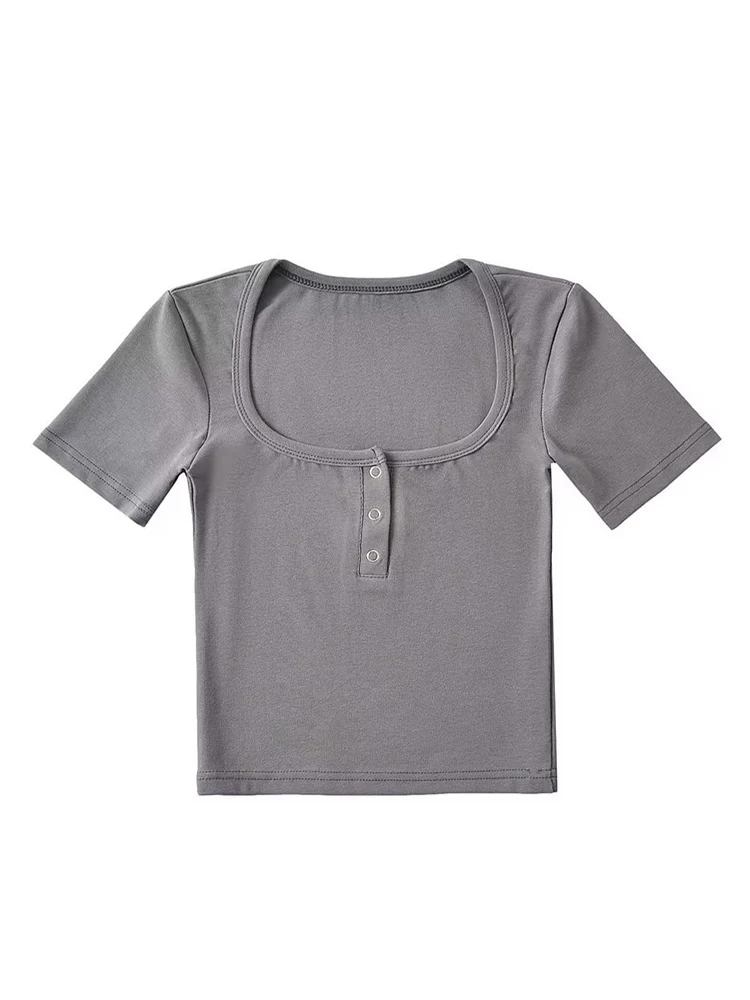 Women's Button Front Short Sleeve Crop T-shirt Casual Loose Fit Top in Various Colors