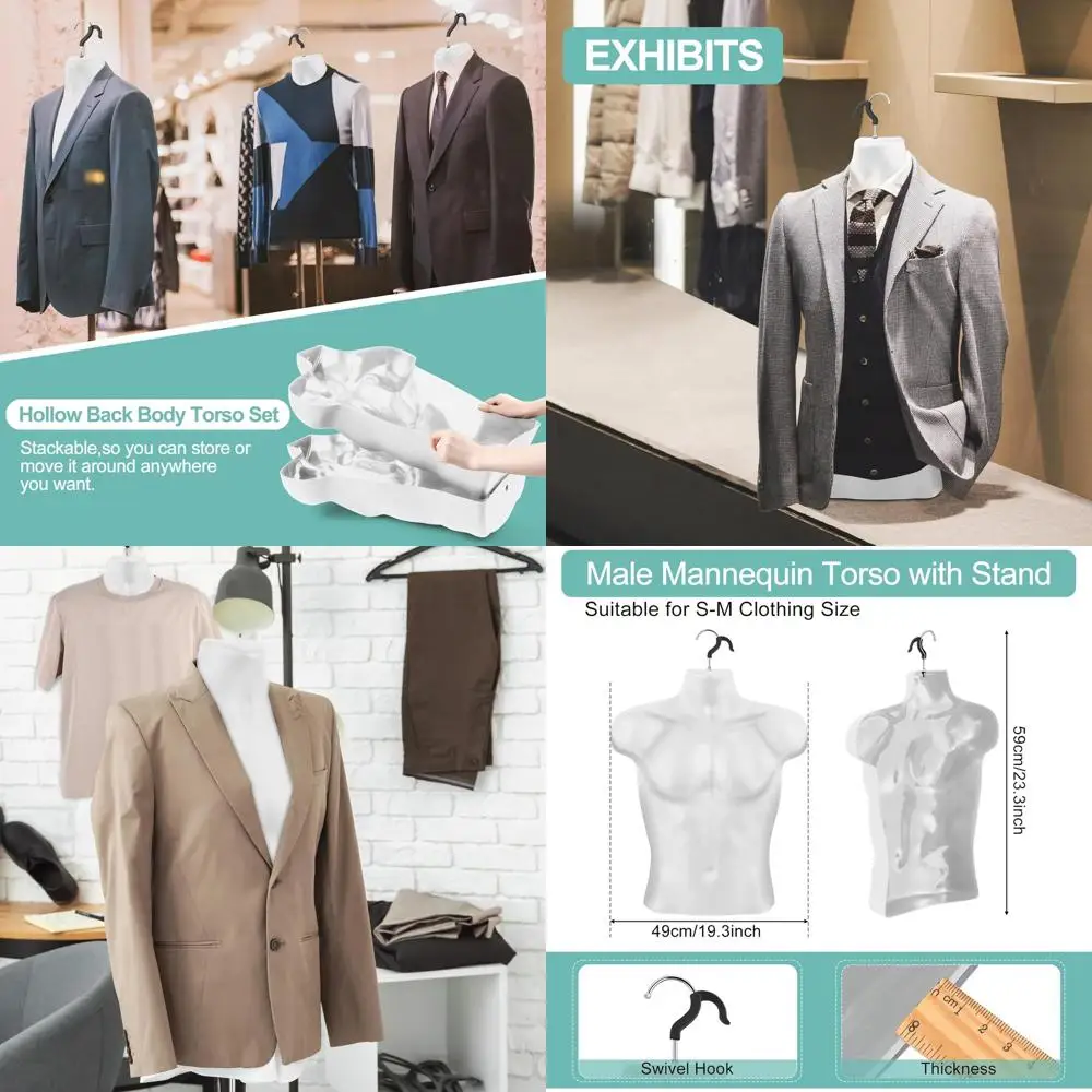 

Набор из 12 мужских манекенов для демонстрации футболок, с округлой талией, полой спиной и крючками для подвешивания, идеально подходят для розничной торговли и показов костюмов (белые)