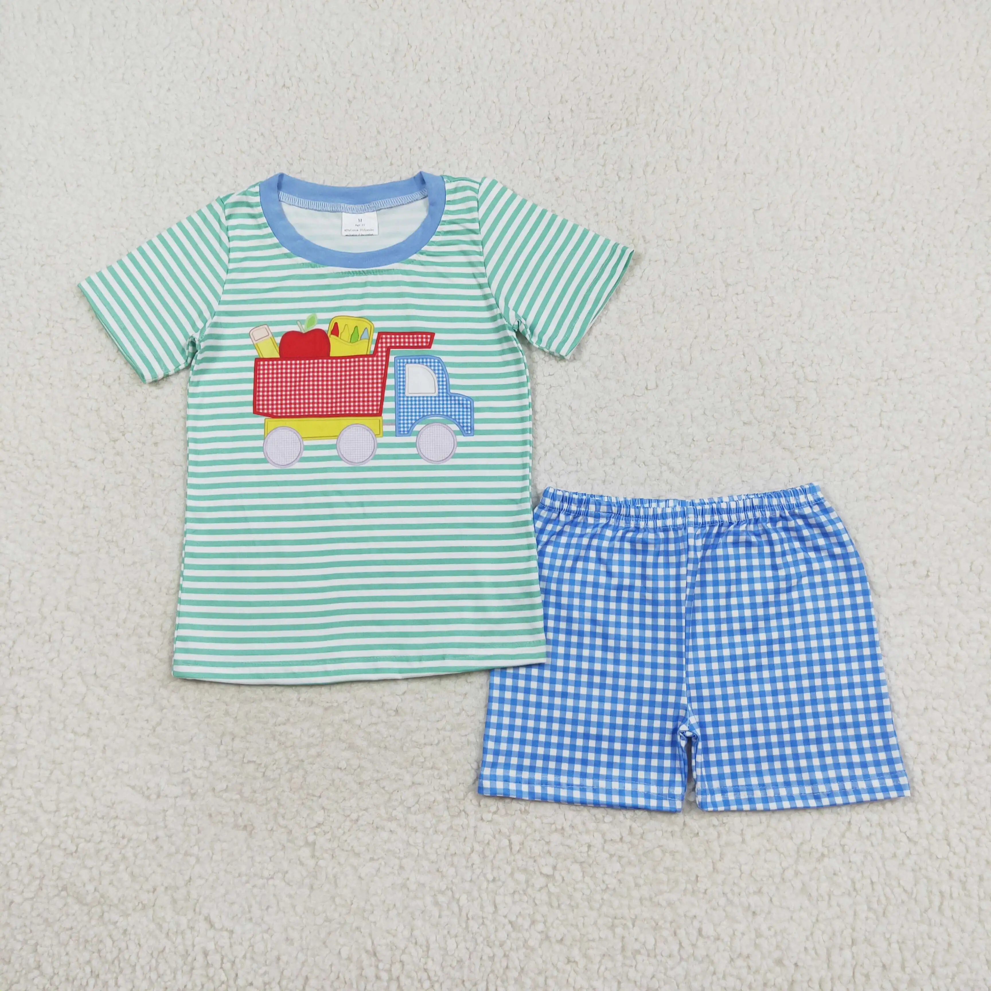 Wholesale Toddler Yellow Short Sleeves Cotton Plane T-shirts Kids Plaid Shorts Outfit Children Embroidery Summer Sets