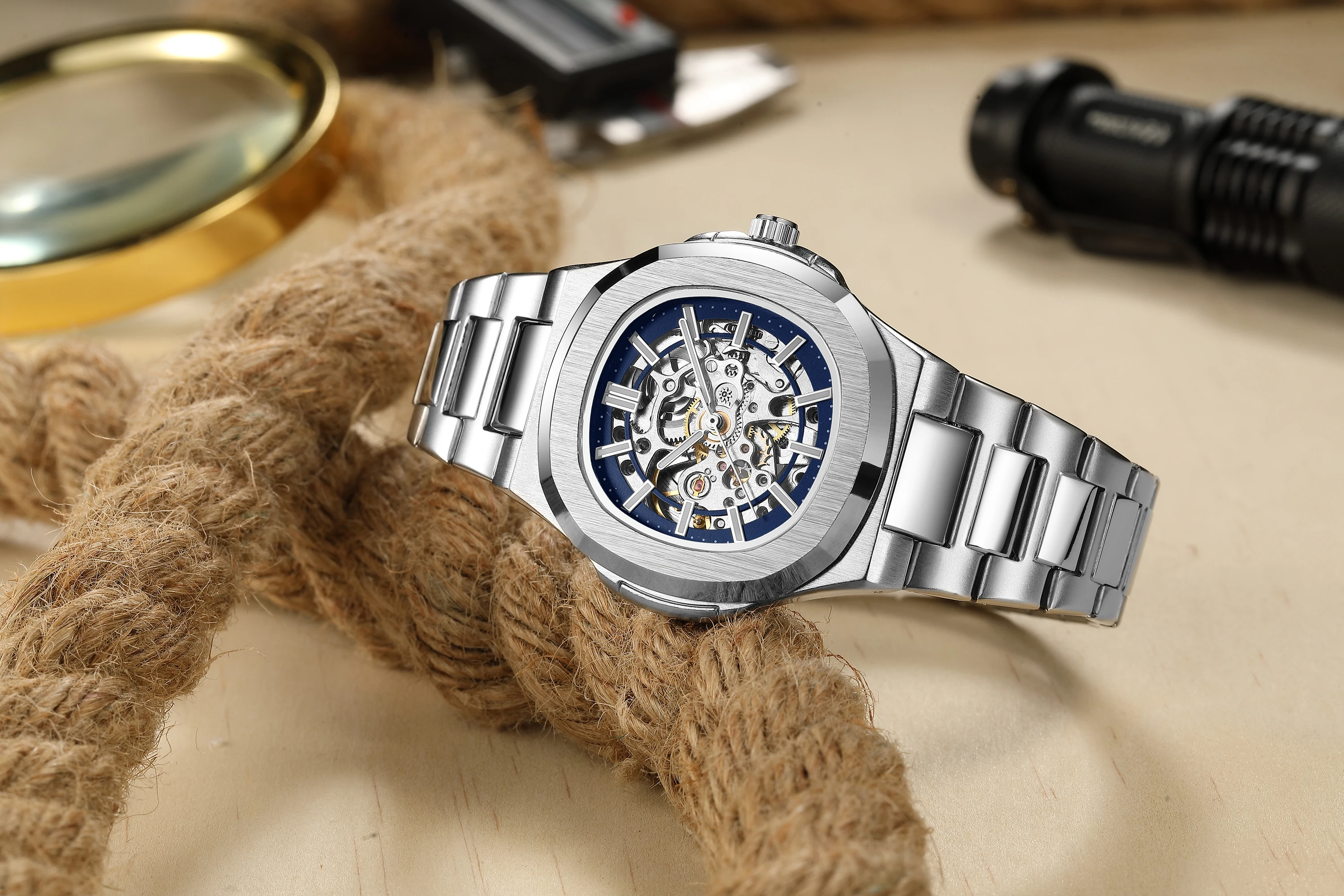 Herren Quarzuhr Mode Automatische Herrenuhr Edelstahl Wasserdicht Business Skelett-Uhr – Detail 7