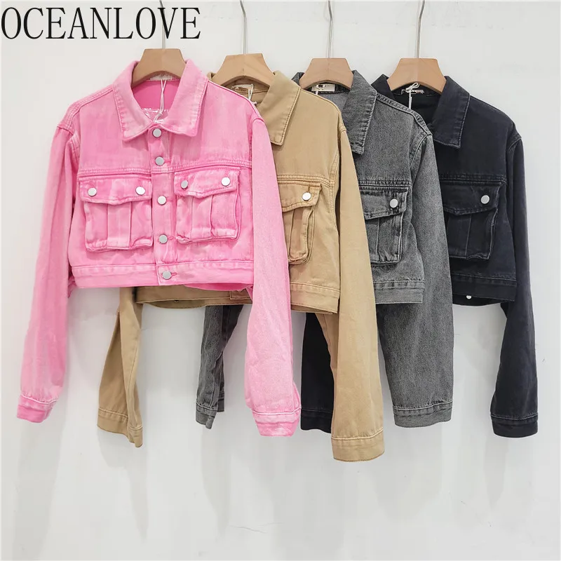 

OCEANLOVE короткие джинсовые куртки для женщин однотонные карманы корейская мода Chaquetas Mujer Vintage весна осень Jaqueta Feminina