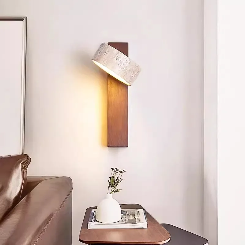 Simple Cream Style Living Room Bedroom Bedside Wall Lamp Wire Rotatable Led Light Stone Homestay Log Wood Walnut wall Lights