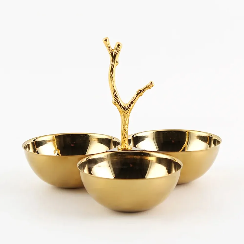 Luxury Gold Plated 3 Compartment Snack Bowl Set Tree Branch Handle Divided Serving Bowl Nuts Candy Fruit Storage Tray Tabletop