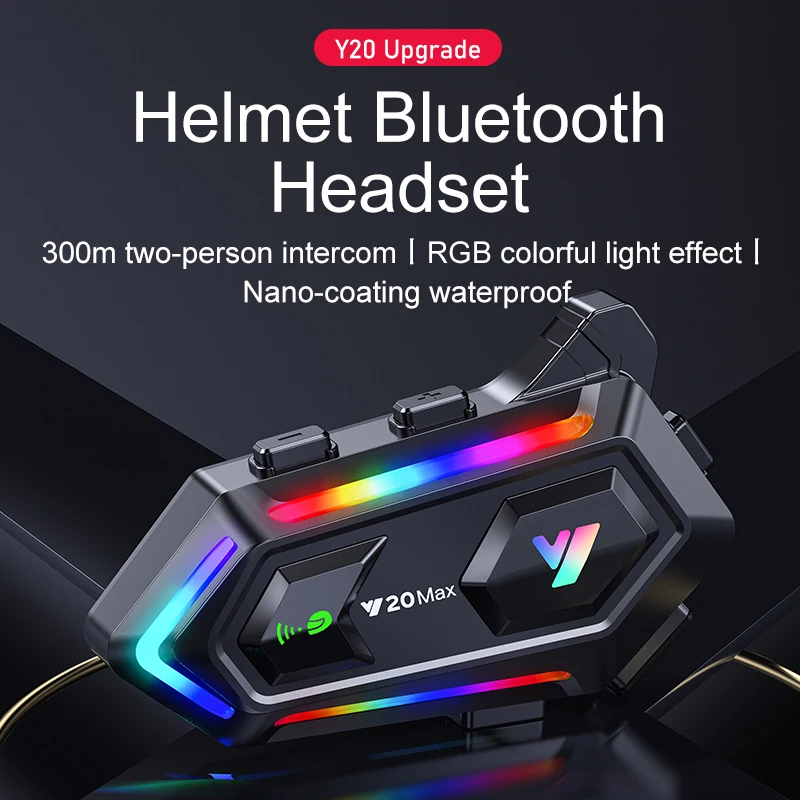 1/2pcs Y20 Max Motorcycle Helmet Headset Helmet Intercom, Bluetooth 5.3 Intercomunicador, Built-in 300mAh Battery with RGB Light