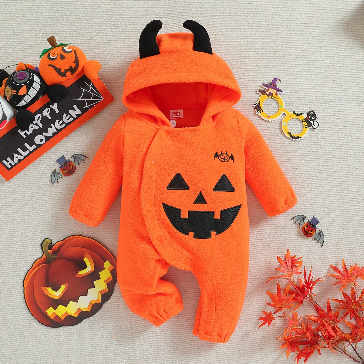 Baby Halloween romper Children's clothing autumn winter new  jumpsuit boys and girls baby pumpkin ghost face wings plush romper