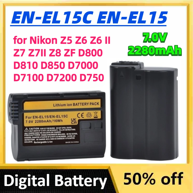 

7.0V 2280mAh EN-EL15C EN-EL15 EN-EL15A Digital Battery for Nikon Z5 Z6 Z6 II Z7 Z7II Z8 ZF D800 D810 D850 D7000 D7100 D7200 D750