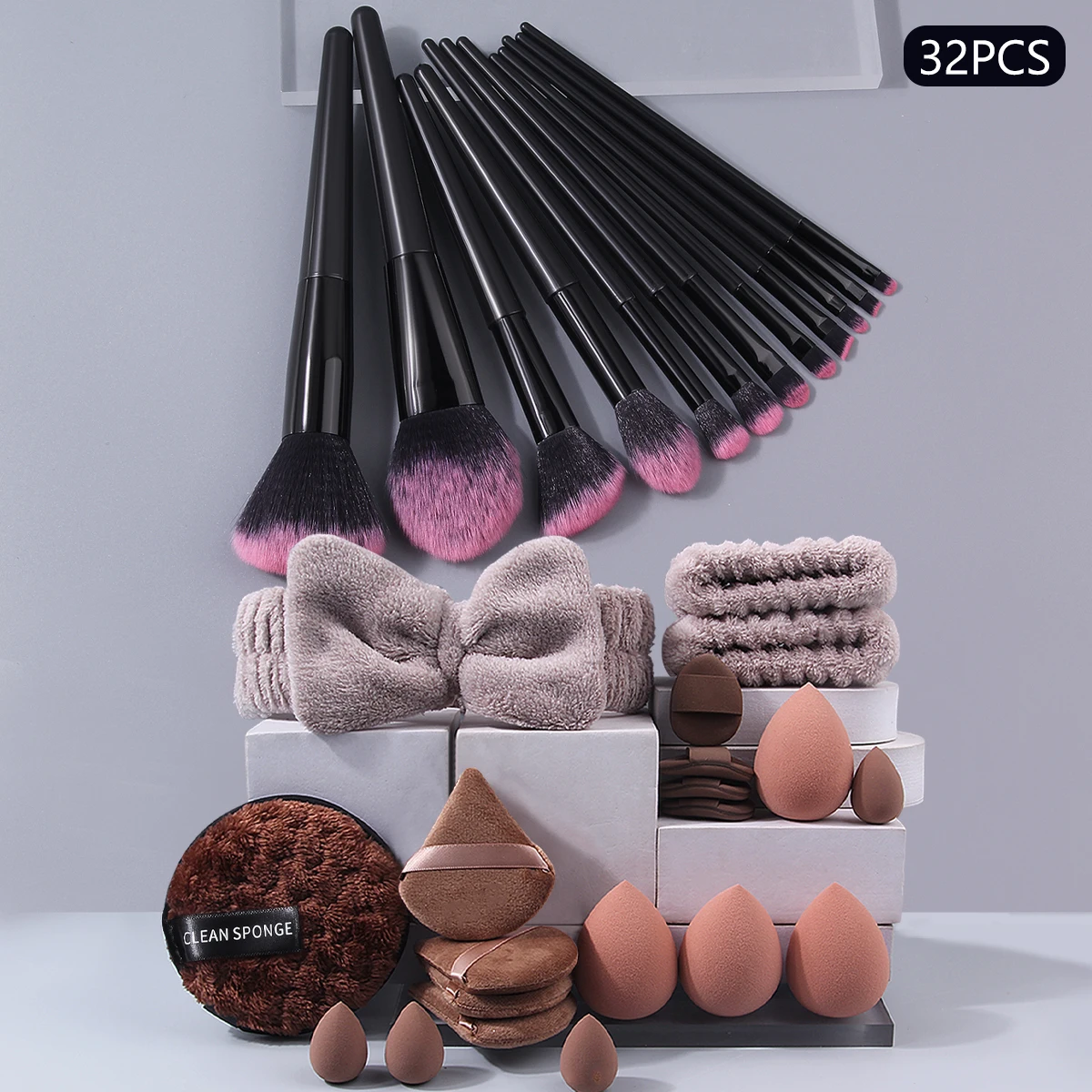 32PCS multi-functional makeup brush set & Soft makeup sponge egg powder puff & Portable hair band Wrist band cleansing puff