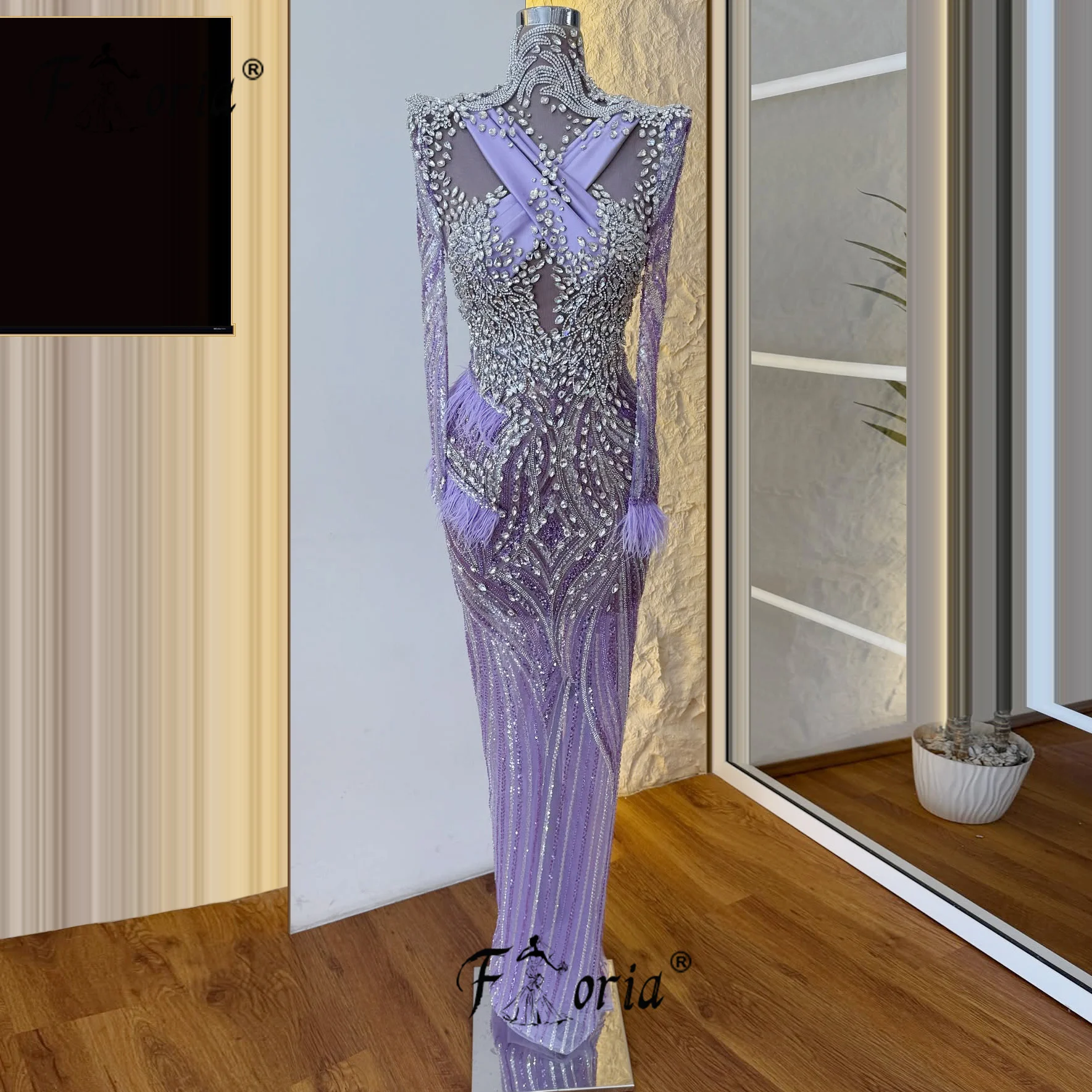 

Luxury Lilac Rhinstones Mermaid Evening Dresses 2025 Beaded Feather Woman Prom Dresses Customized Wedding Gowns Robe de soiree