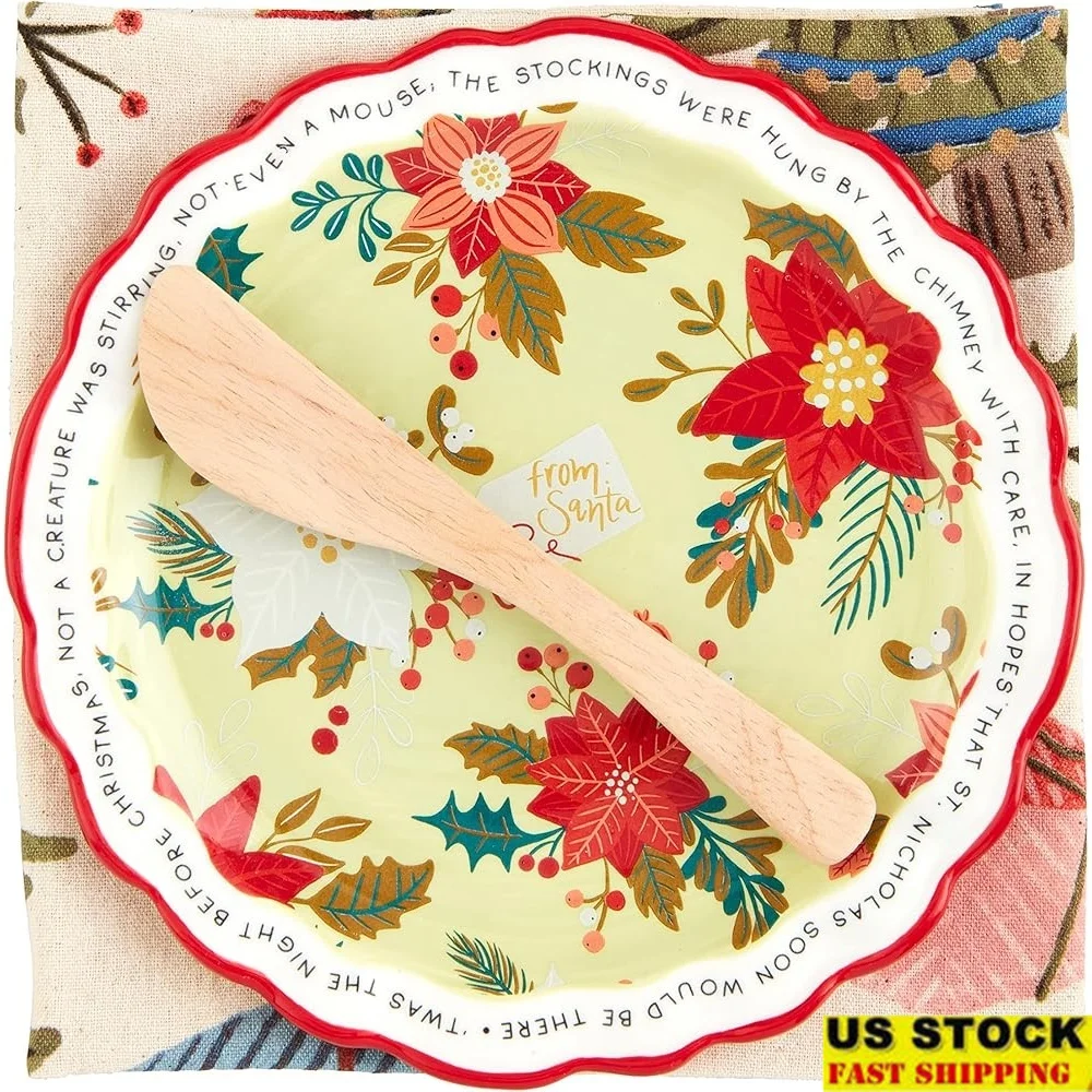 

Poinsettia Appetizer Set Stoneware Plate Wood Spreader Flour Sack Towel Christmas Decor Dining Gift 3 Piece Set