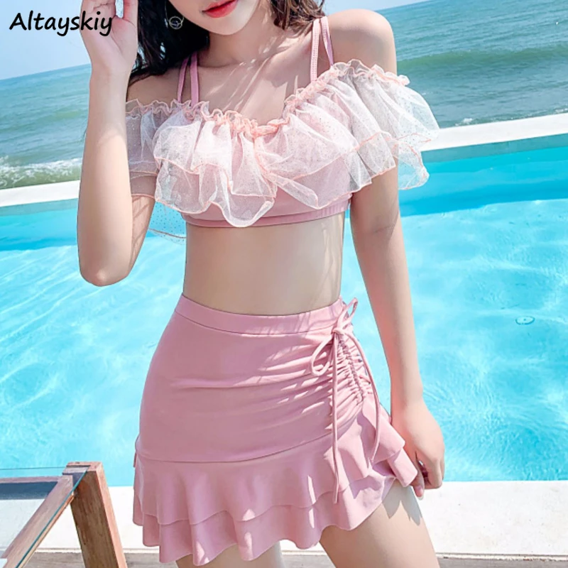 Sexy Bikini Set Women Ruffles Stylish Hot Sale Summer Outwear Swimwear Slim Casual Shirring Holiday Beach Style Korean Style Ins