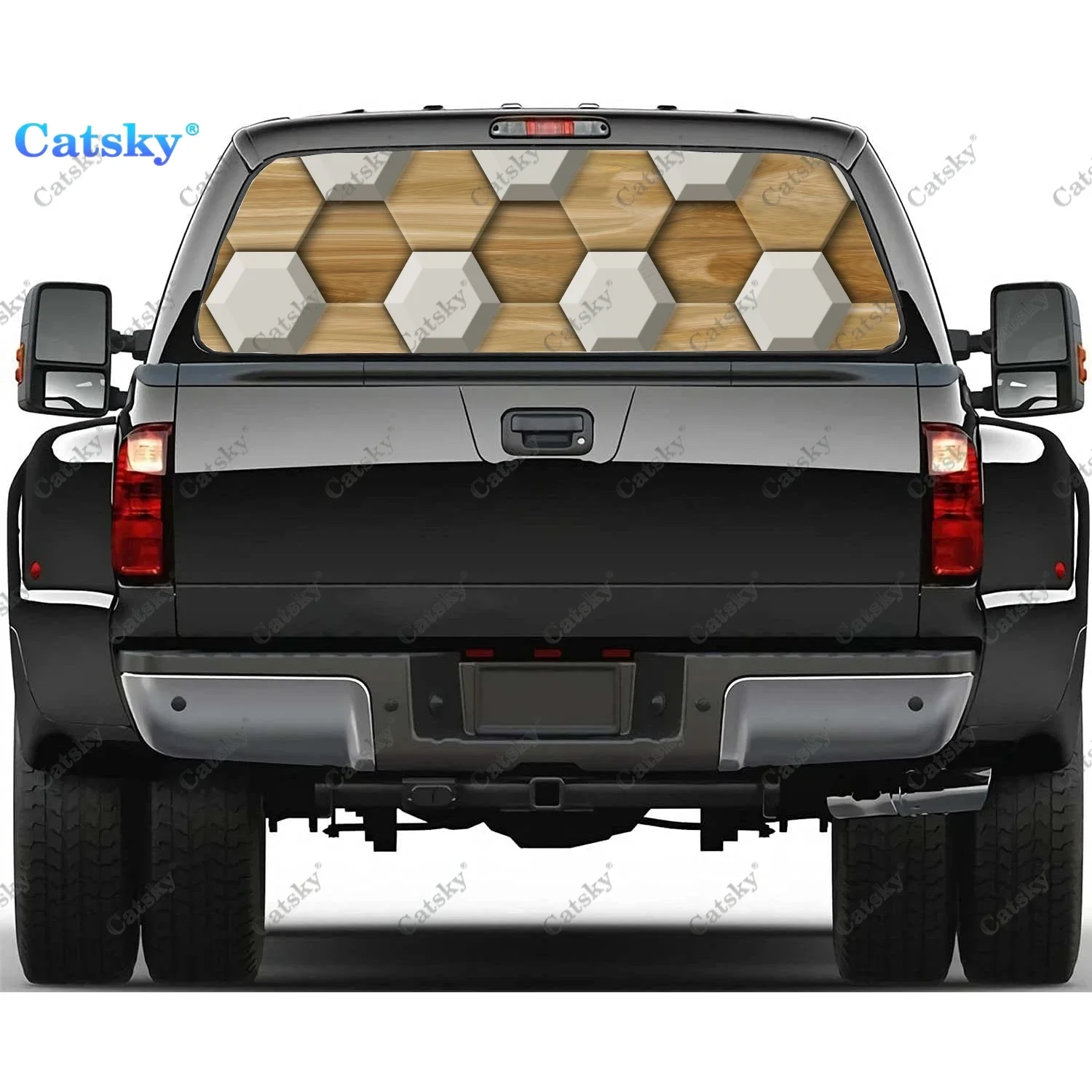 

3D деревянная шестиугольная наклейка на заднее окно подходит для пикапа, грузовика, автомобиля, универсальная прозрачная перфорированная виниловая наклейка на заднее окно