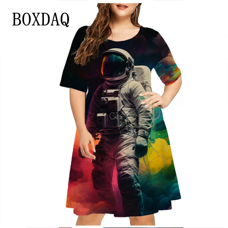 

Aviation Astronaut Pattern Print Dress Women Casual Short Sleeve Loose Plus Size Dress 6XL Fashion Streetwear Ladies New Clothes