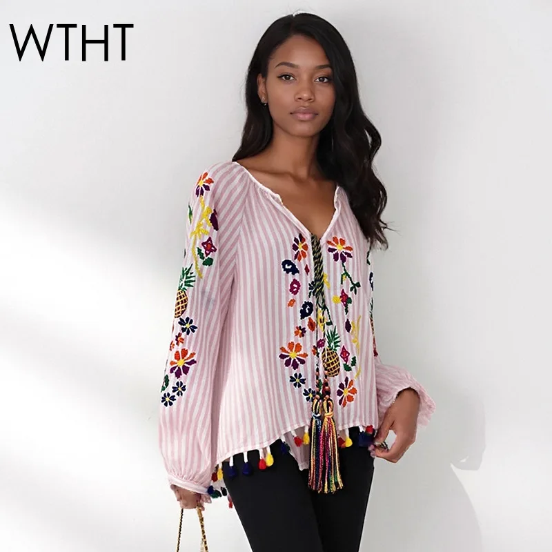

WTHT модная женская полосатая рубашка с цветочной вышивкой, красочная рубашка с кисточками, осень 2022, модная женская блузка с v-образным вырезом и длинными рукавами 1LS2532