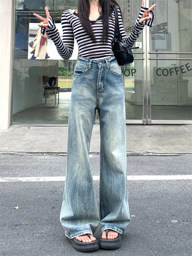 Women's Summer American Vintage Light Blue Washed Denim Wide Leg Floor Length Pants Slim Drape Hide Hip