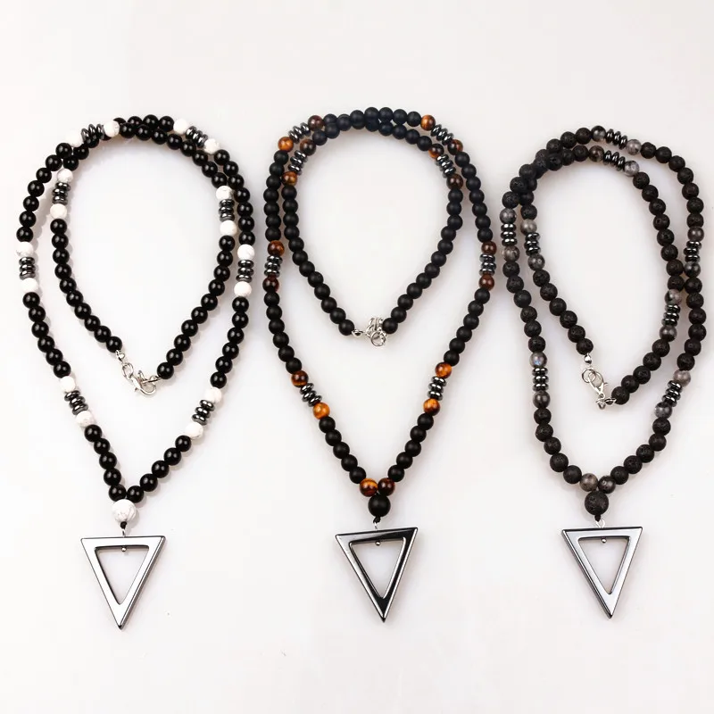 Natural Stone Bead Necklace for Men,Tiger Eye Bead Hematite Triangle Pendants Necklace - view 3