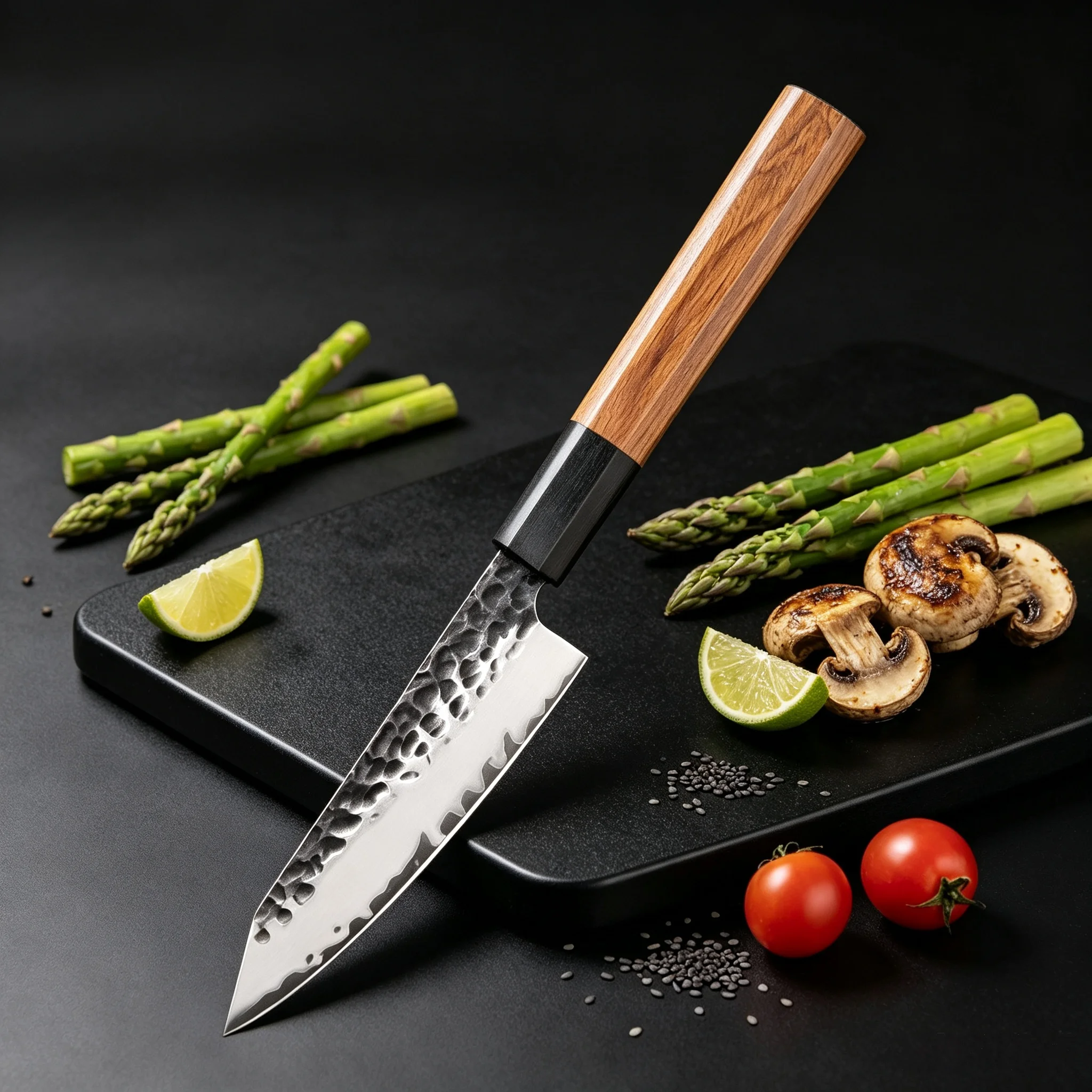 Hand Hammered Japanese Kiritsuke Cutlery, Compact Multi-purpose Kitchen Utensil for Sashimi, Meat, Fruit and Vegetable Cutting