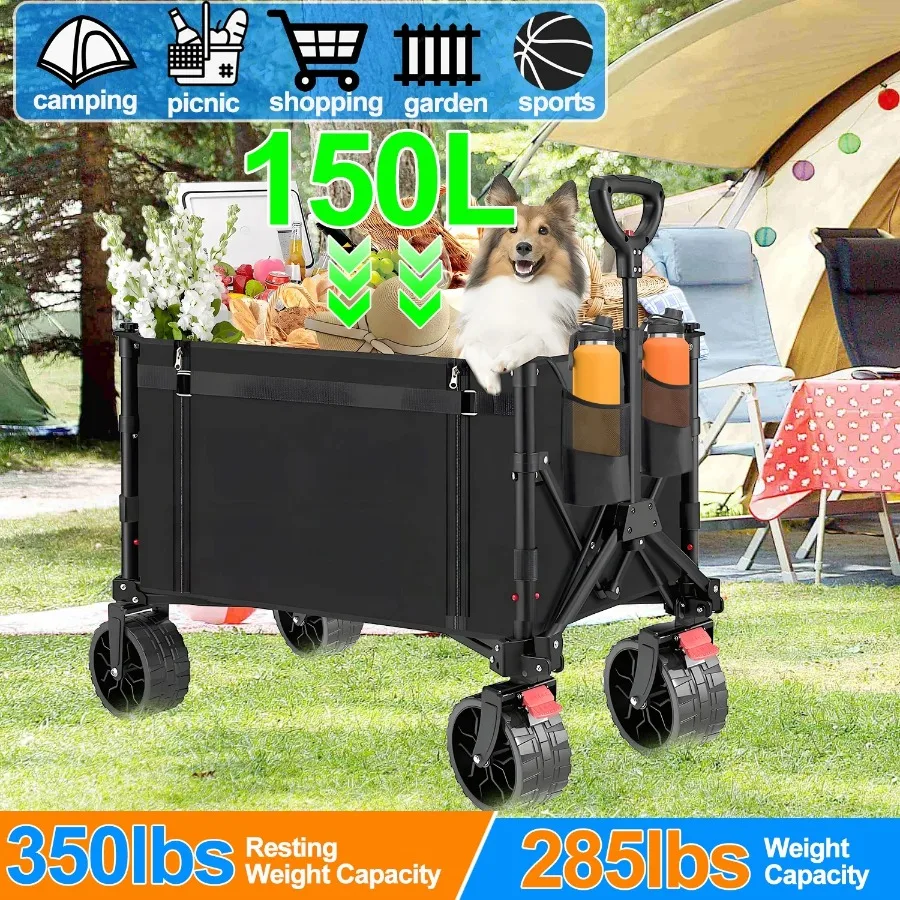 Camkey Heavy Duty Collapsible Folding Wagon Cart  All-Terrain Wheels 600D Oxford Fabric 350 lbs Capacity 150L 35.8