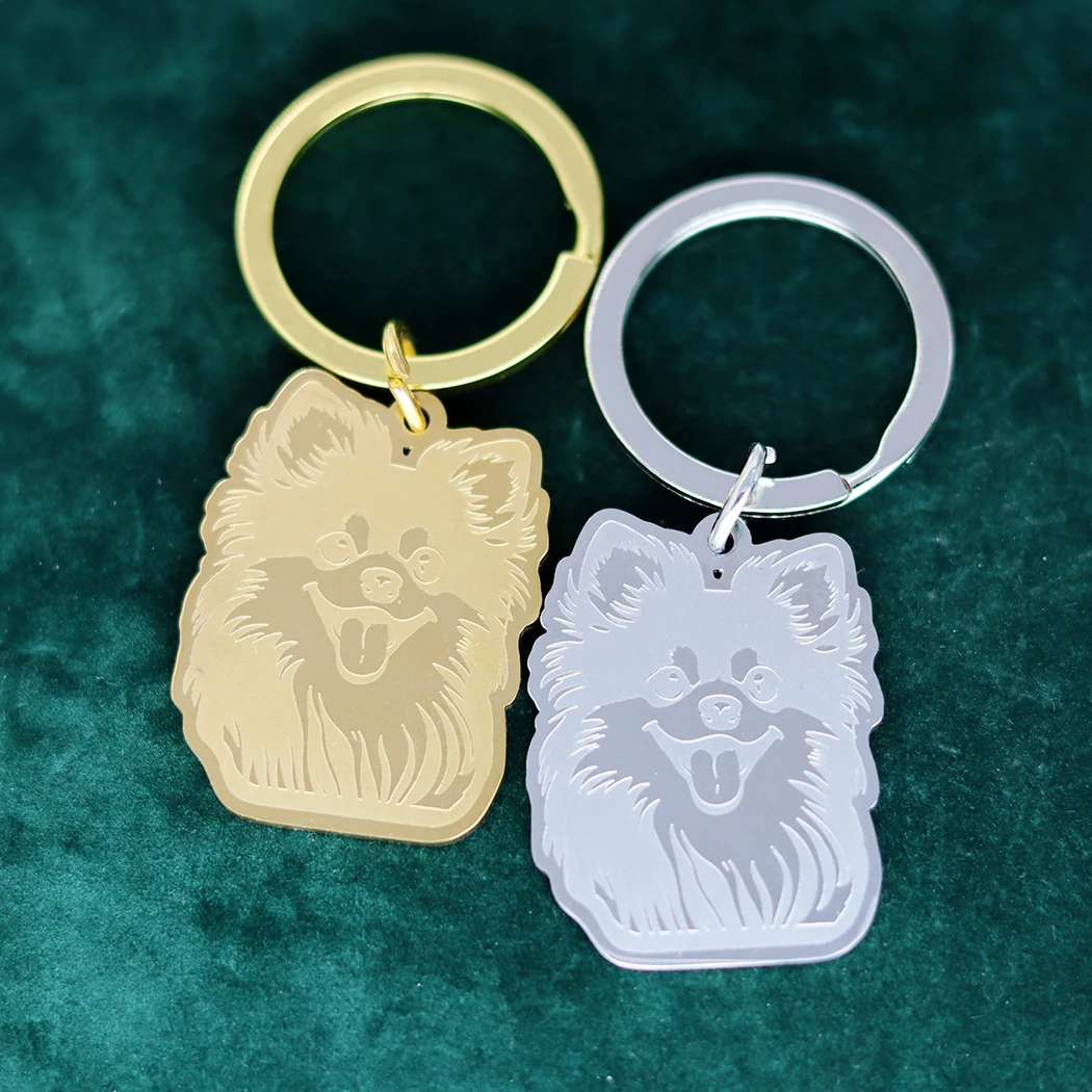 QIMING Cartoon Pomeranian Dog Stainless Steel Keychain For Women Men Lovely Animal Pet Lover Jewelry Keychains