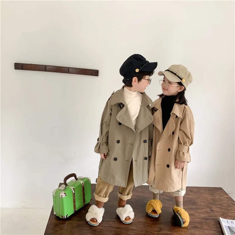 Trench Autumn New Korean Children Windbreaker Loose Coat Boys and Girls Long Turn Down Collar Tide 2024 Turn Down Collar