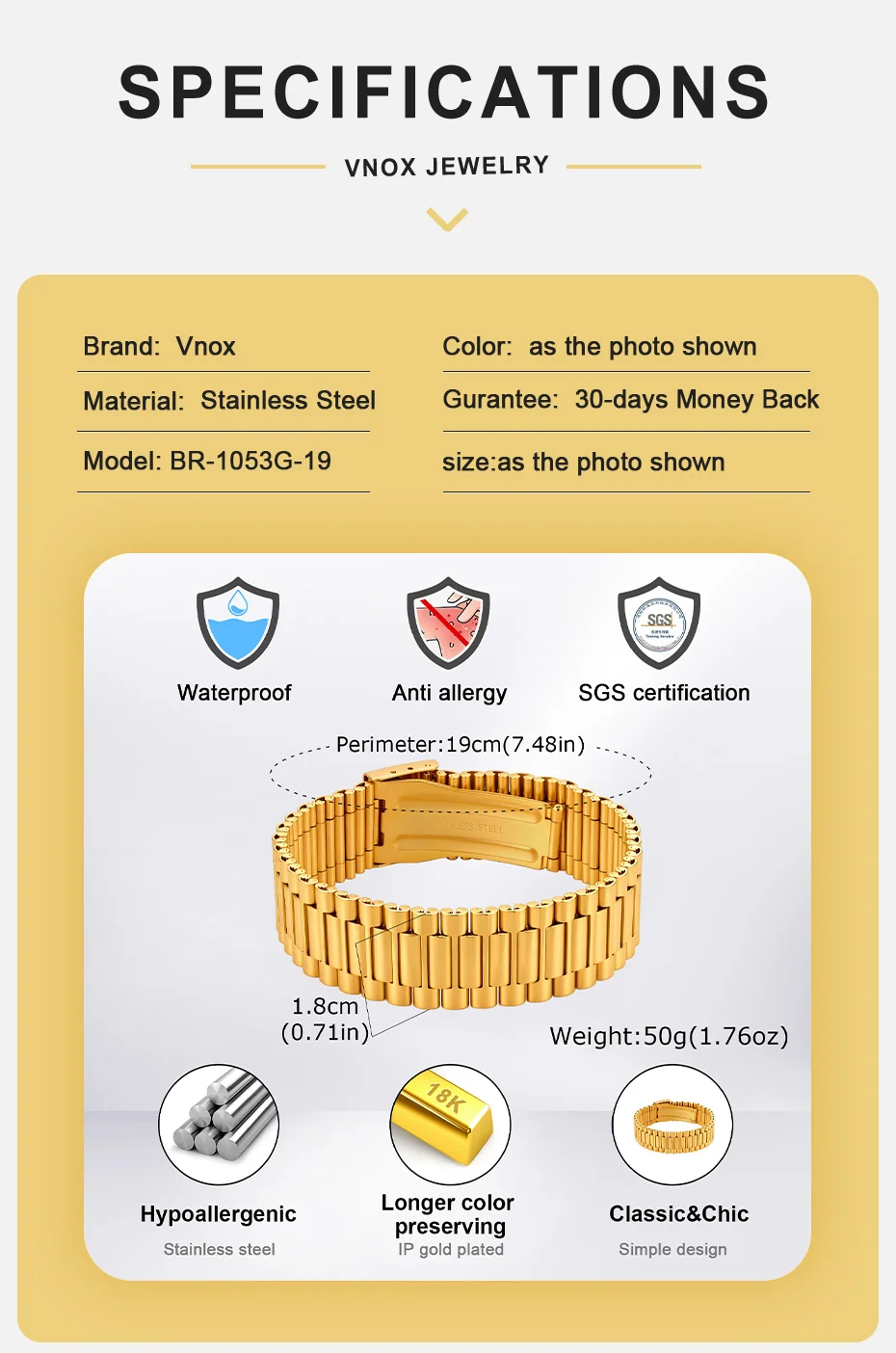 Vnox Herren Edelstahl-Armband 18mm Breites Gliederarmband Verstellbarer Faltschließe Gold Silber Farbe Armreif Schmuck Geschenk für Ihn – Detail 4