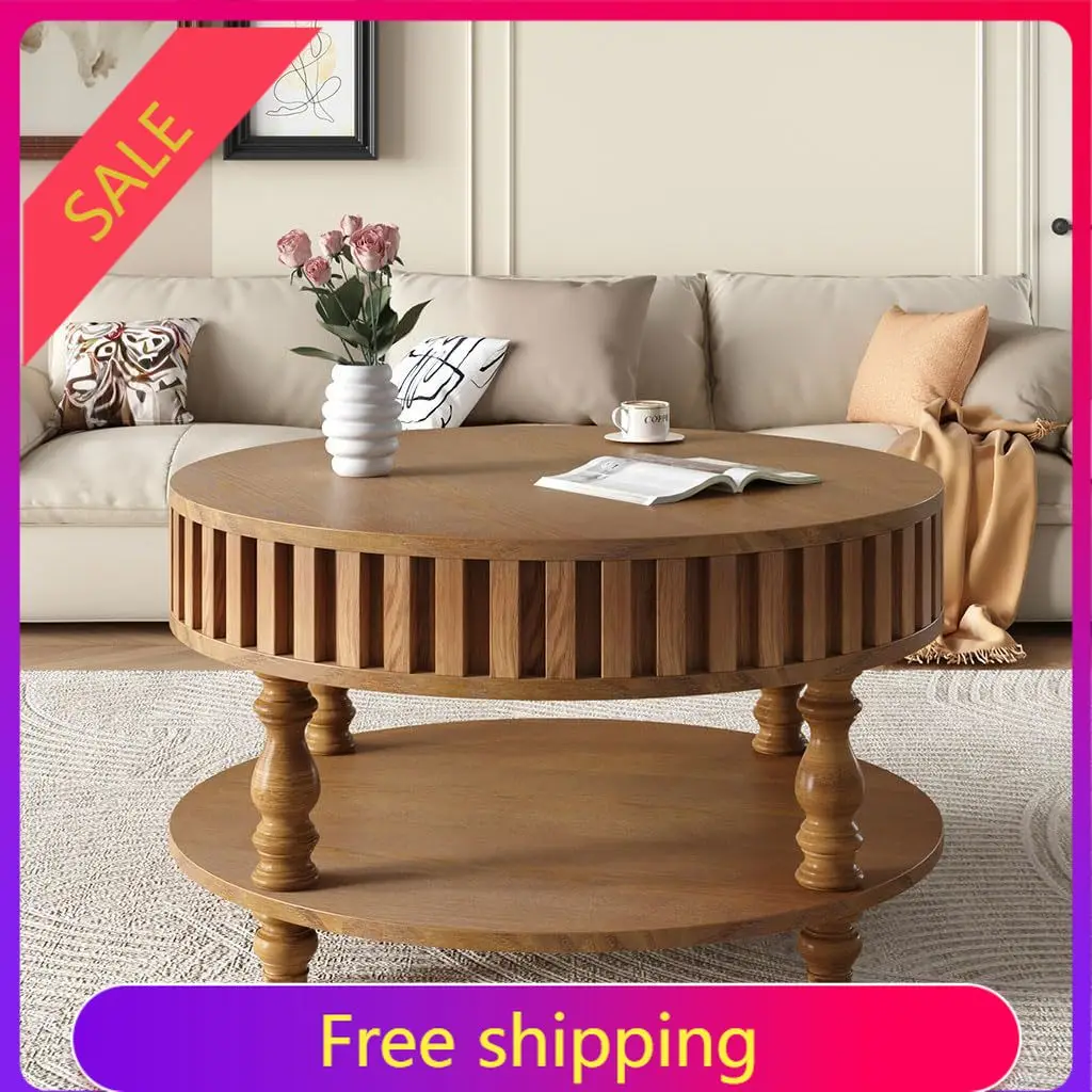 

Round Solid Wood Coffee Table with Hidden Storage, 31.5 Inch Circle Center Table with Fluted Base and Lower Shelf, Roman Column