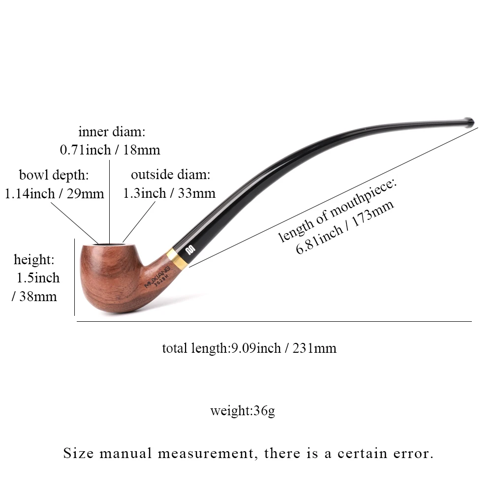 JIBILL reading pipe tobacco pipe：rosewood pipe body + long curved handle acrylic pipe handle metal ring fixed Father\'s Day gift