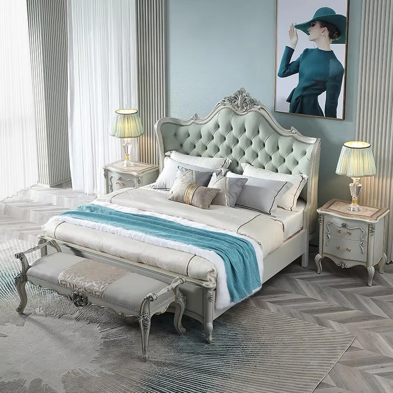 !@European Style Bedroom Furniture Sets Classical Luxury Wooden Up-holstered Luxury Beds