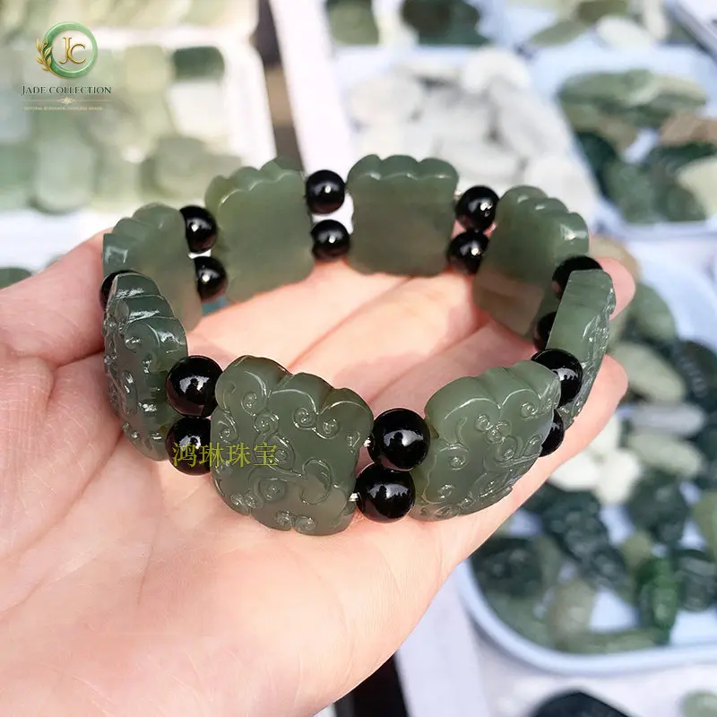 Xinjiang natural clear water Hetian jade million beast head hand row men's and women's Qinghai material bracelet beads genuine n