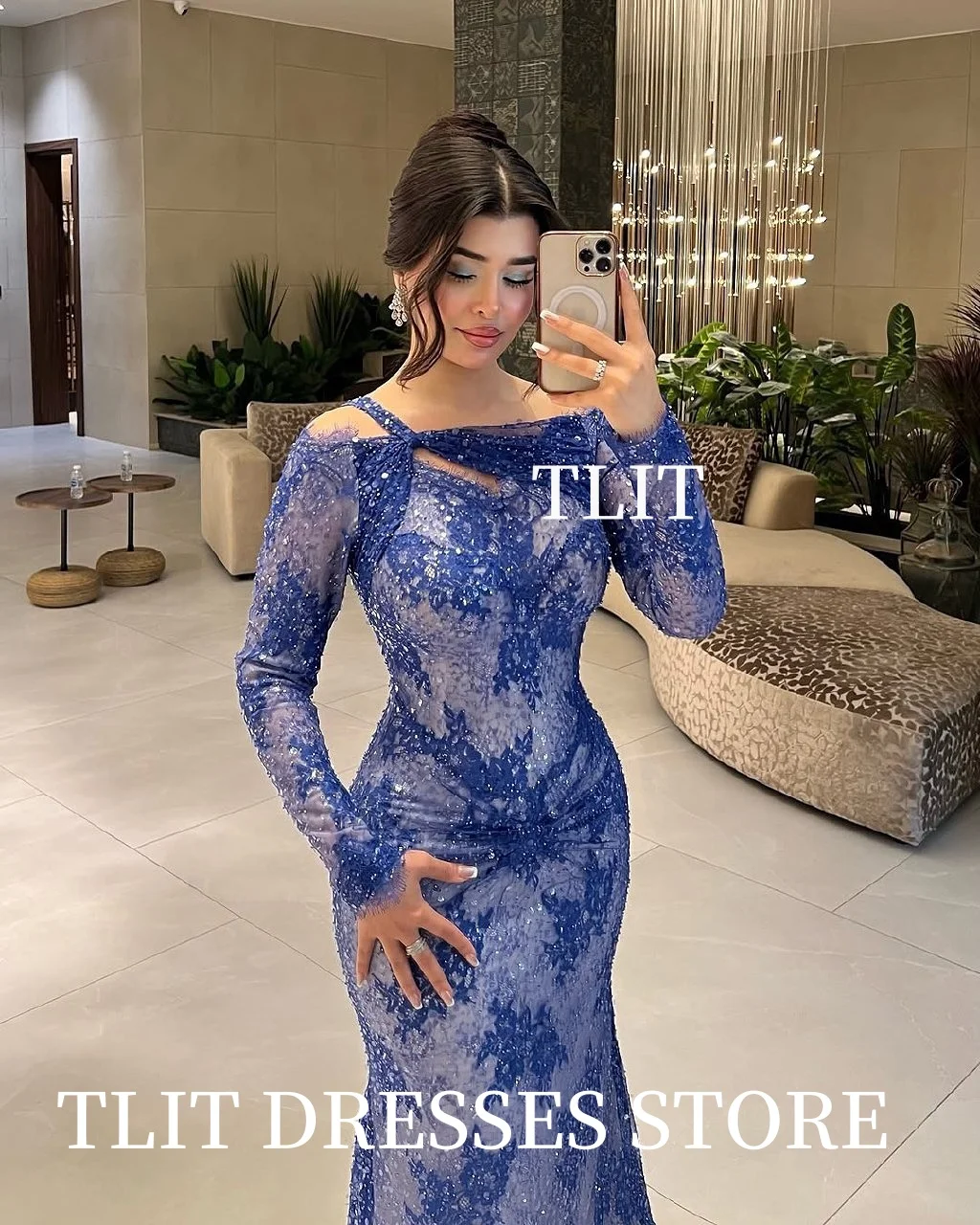 TLIT Sexy blaue Spitze-Meerjungfrau-Abendkleider mit langen Spitzenärmeln, kleiner Sweep-Zug, Ballkleider, maßgeschneidert, glitzernd