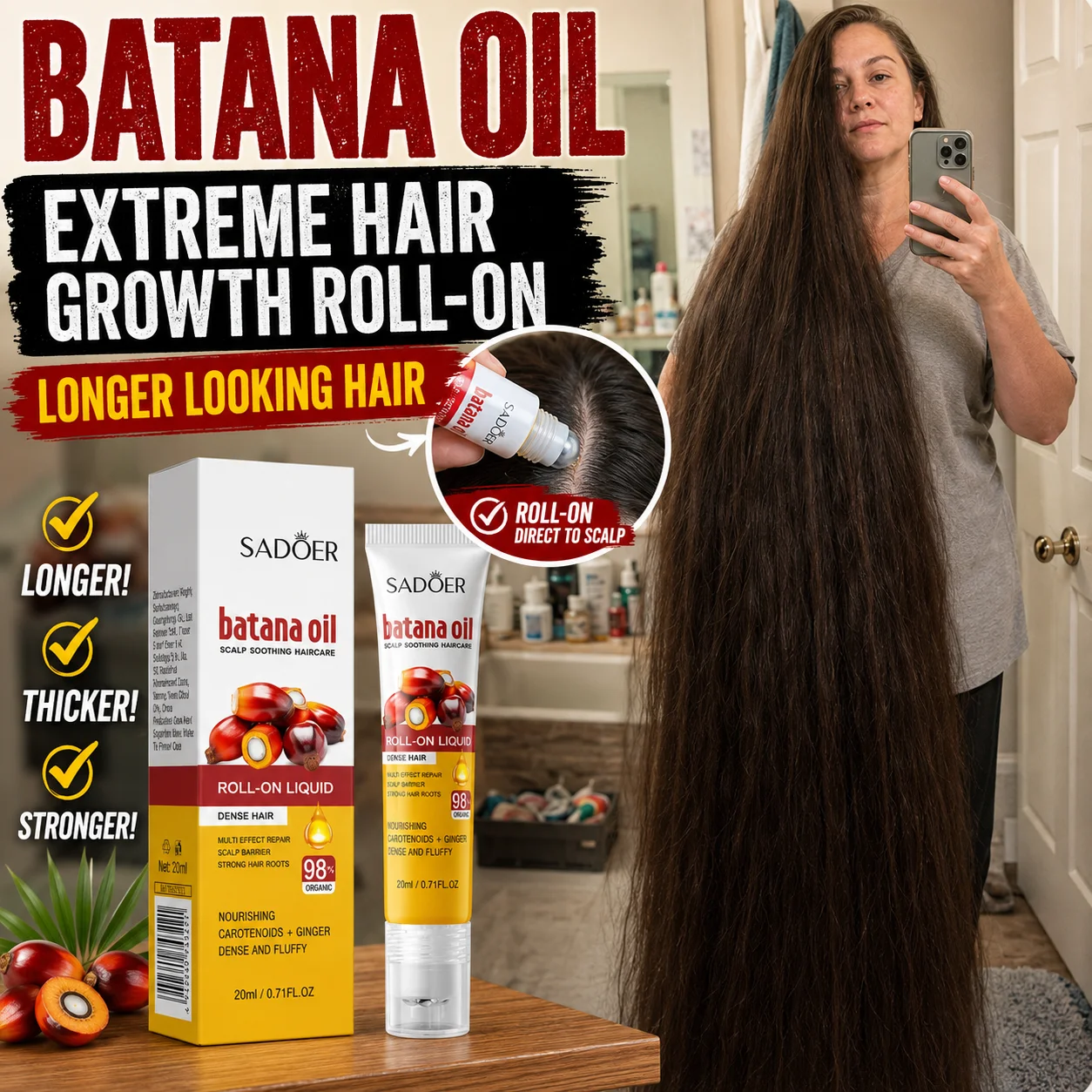 Batana Oil Roll On Hair Growth Serum Follicle Activator Hair Loss Bald Spot Regrowth Fuller Thicker Hair Scalp Repair Men Women