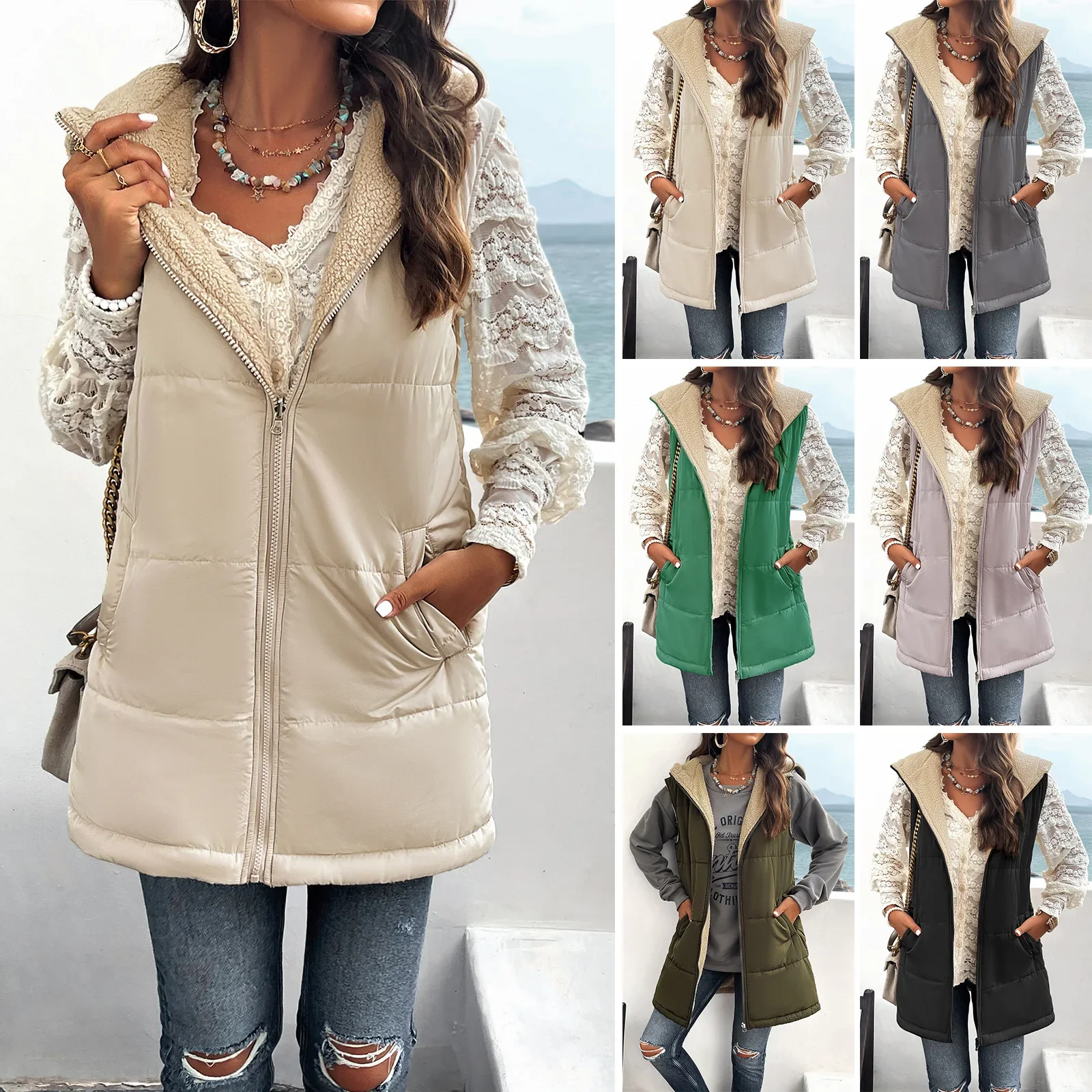 Cotton-Padded Clothes Women Winter Loose Mid-Length Hooded Cotton Coat Vest Parka Sleeveless Solid Color