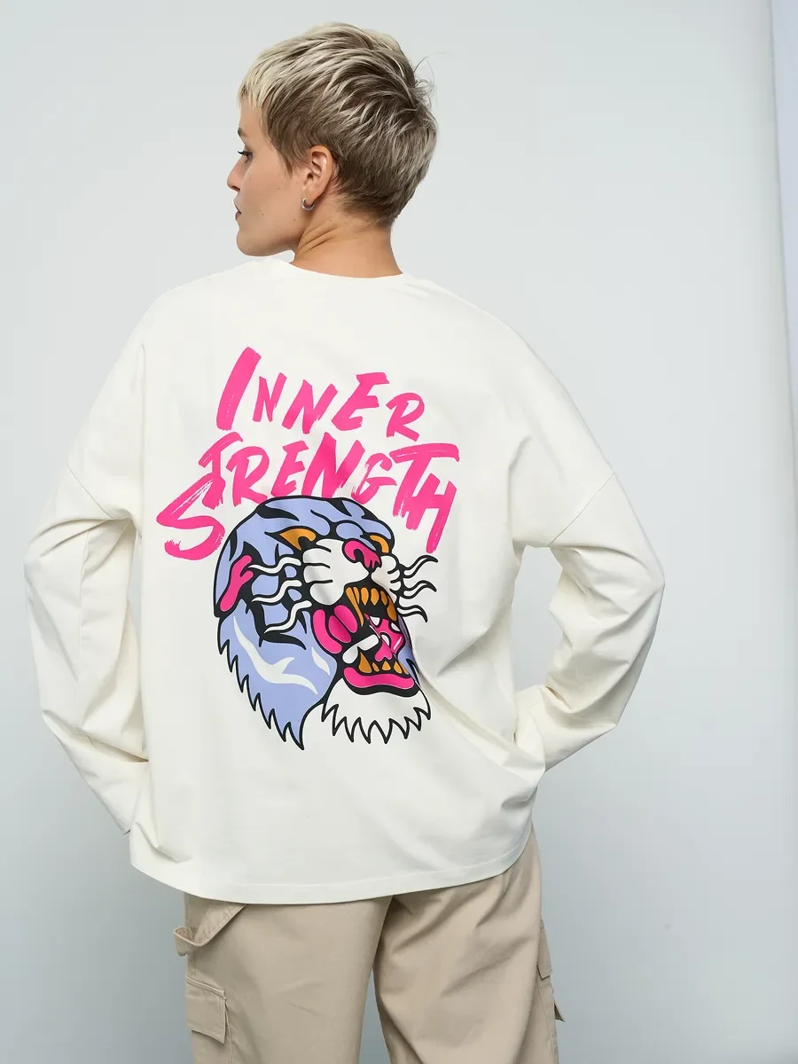 Inner Strength Tiger Back พิมพ์ผ้าฝ้าย 100% เสื้อยืดแขนยาวบางเสื้อกันหนาวหลวมขนาดใหญ่ Streetwear Hip Hop Punk ผู้หญิง